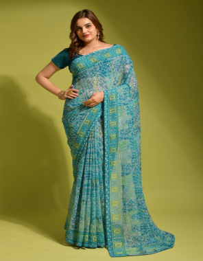 sky blue saree - heavy tiger printed georgette chiffon | blouse - heavy mono banglory satin  fabric printed work festive 