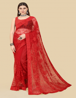 red saree - soft net | blouse - banglory fabric embroidery work festive 