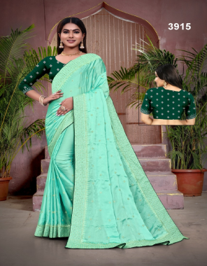 green saree - :light rangoli | blouse - constrat with work fabric embroidery work casual 