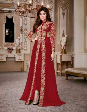 red top - heavy fox georgette codding embroidery work | back side - heavy fox georgette | inner - heavy dull santoon ( 2m ) | sleeves - heavy georgette codding embroidery work | bottom - heavy dull santoon ( 2 m ) | dupatta - nazmin digital less patti | length - max upto 54 | size - max upto 44 inch | flair - max upto 2.20 m fabric embroidery  work ethnic 