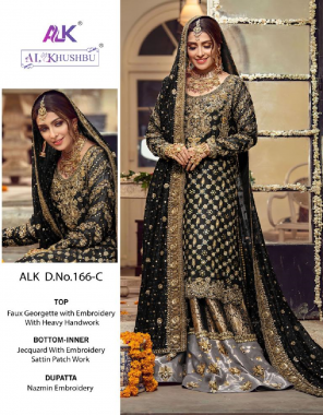 black top - faux georgette embroidery with handwork | sleeves - embroidery | bottom - jacquard with embroidery satin patch work | inner - heavy dull santoon | dupatta - nazmeen embroidery fabric embroidery  work casual 