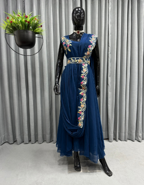 navy blue top - georgette with embroidery | sleeves - extra fabric inside attach | inner - silk | length - 54 inch | flair - 4.5 m | belt - georgette with embroidery work  fabric embroidery work wedding 