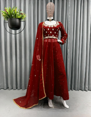red suit - faux georgette with front side thread work and back side with potali button with canvas patta | belt with thread work | plazzo - crep | size - free ( full stitched with elastic ) | dupatta - faux georgette with thread work with fancy lace ( 2.2 m)  fabric thread work work wedding 