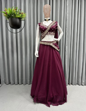 wine choli - georgette | inner - silk | size - unstitched upto 42 | lehenga - georgette | inner - silk | stitching type - semi stitched upto 44 | flair - 4 with canvas patta | dupatta - georgette with embroidery with sequance work ( 3 m) [ attached with lahenga ]  fabric embroidery work ethnic 