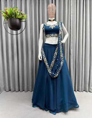 sky blue choli - georgette | inner - silk | size - unstitched upto 42 | lehenga - georgette | inner - silk | stitching type - semi stitched upto 44 | flair - 4 with canvas patta | dupatta - georgette with embroidery with sequance work ( 3 m) [ attached with lahenga ] fabric embroidery work festive 