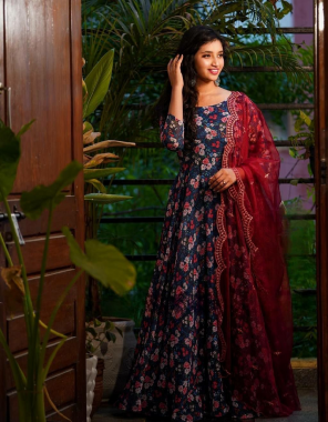 blue gown - fox georgette with sequance digital printed | inner - micro cotton | length - 55 inch | flair - 3.20 m | size - upto 44 xl free size ( fully stitched ) | dupatta - net with sequance for fancy border lace ( 2.40 m)  fabric sequance digital printed work party wear 