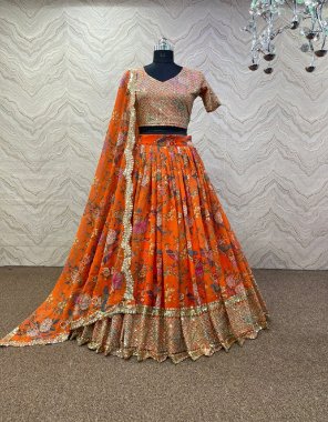 orange lehenga - heavy fox georgette | inner - micro cotton | length - 42 - 44 inch | flair - 3m flair | type - semi stitched | blouse - heavy fox georgette | sleeves - short sleeves with embroidery sequance work | type - unstitched | dupatta - heavy fox georgette with digital printed sequance lace border ( 2.1m)  fabric sequance  work ethnic 