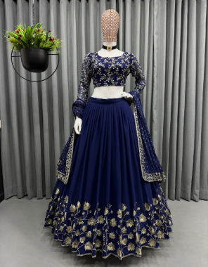navy blue choli - georgette | inner - silk | size - unstitch upto 42 | lehenga - georgette | inner - silk | stitching type - semistitched upto 44 | flair - 3m with canvas | dupatta - georgette embroidery with four side lace border ( 2.2m)  fabric embroidery work festive 