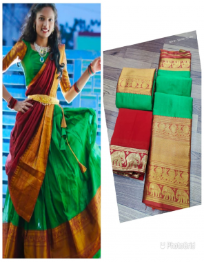 green lehenga - pure kanjivaram silk zari border ( 3m ) | blouse - self blouse ( 0.80m) | dupatta - pure banarasi ( 2.20m)  fabric weaving work festive 