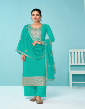 sky blue top & sleeves - heavy fox georgette with sequance embroidery work | top inner - heavy santoon joint top | dupatta - heavy fox georgette with 4 side embroidery work | bottom - heavy santoon ( 2.25 m) | length - 50 