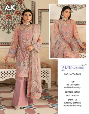 pink top - georgette with heavy embroidered | bottom & inner - santoon | dupatta - nazmin with heavy embroidered  fabric embroidery  work festive 