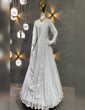 grey gown - fox georgette with foil printed with moti work | inner - micro cotton | length - 55 inch | flair - 3.30 m | gown size - upto 44 xl free size ( fully stitched ) | dupatta - fox georgette with foil printed work ( 2.40m)  fabric printed  work casual 