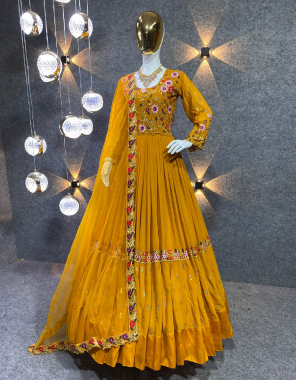 yellow gown - fox georgette with  sleeves | inner - micro cotton | length - 53 - 54 inch | flair - 3.3.m | size - upto 42 xl + margin free size | dupatta - heavy butterfly net with four side lace work ( 2.30m )  fabric sequance embroidery work ethnic 