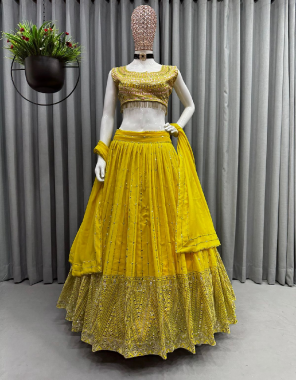 yellow choli - georgette | inner - silk | size - unstitch upto 42 | lehenga - georgette | inner - silk | stitching - semi stitching upto 44 | flair - 3m with cancan with canvas | dupatta - georgette with embroidery sequance ( 2.2 m)  fabric embroidery  work party wear 