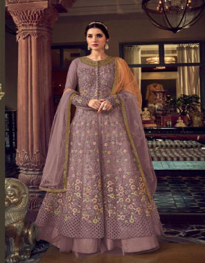 purple top - heavy banglory silk | koti - heavy net with embroidery codding work | sleeves - net with embroidery stone work | inner - japan satin silk | bottom - japan satin silk | dupatta - heavy net |length - max upto 54| size - max upto 44 | flair - 3m  fabric embroidery work festive 
