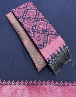 navy blue soft silk with pink zari fabric weaving work casual 