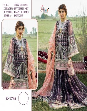 wine top - fox georgette | dupatta - net with embroidery | bottom inner - santoon | georgette plaza work fabric embroidery work party wear 