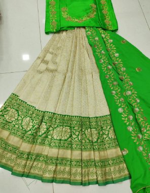 green lehenga - pure kanjivaram silk ( 3m) | blouse - jacquard ( 1m) | dupatta - 2.2 m fabric embroidery work party wear 