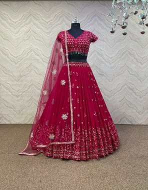 pink lehenga - heavy fox georgette | inner - micro cotton | length - 42 - 44 inch | type - semi stitched | choli - heavy fox georgette | sleeves - short sleeves with embroidery sequance work fancy latkan lace border | type - unstitched ( 1m fabric ) | dupatta - heavy butterfly net with embroidery work ( 2.1m)  fabric embroidery work casual 