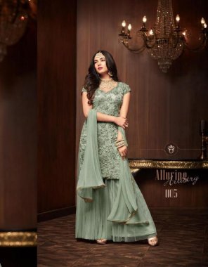 green top - heavy  football net with embroidery stone moti work | sleeves - net with embroidery sequance stone work | inner - santoon | bottom - plazzo with net with inner attched ( dal santoon ) | dupatta - nazmin chiffon | length - max upto 40 | size - max upto 50 fabric embroidery work party wear 