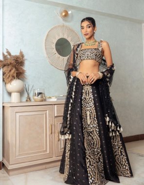 black choli - chinon silk | inner - silk | size - unstitch upto 42 | lehenga - chinon silk | stitching type - semi stitched upto 42 | flair - 3.5m with canvas with cancan | dupatta - net with embroidery worked with fancy latkan fabric embroidery work party wear 