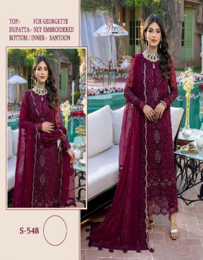 maroon top - fox georgette | bottom/ inner - santoon | dupatta - net with embroidery work  fabric embroidery work party wear 