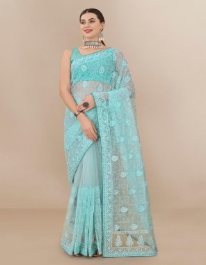 sky blue saree - soft net | blouse - banglory  fabric embroidery work casual 