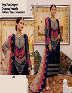 navy blue top - fox georgette with embroidery sequance work | bottom - santoon with patch work | inner - santoon | dupatta - nazneen with embroidery work | size - 56 ( 8xl )  fabric embroidery work party wear 