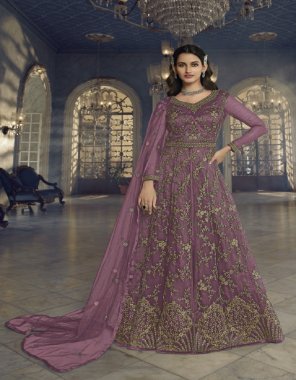 purple top - heavy butterfly net with embroidery codding work with sequance work side full work | sleeves - heavy butterfly net with emrboidery codding with sequance work | top inner - heavy japan satin | bottom - santoon | dupatta - heavy butterfly net with embroidery codding work | length - max upto 58 | size - max upto 46 | flair - 2.60 m | type - semi stitched  fabric embroidery work festive 