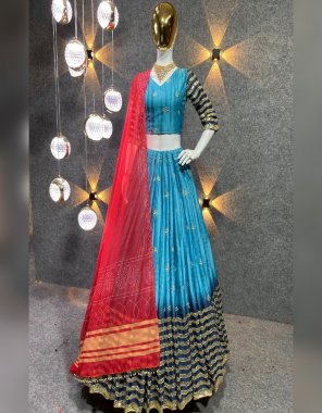 sky blue lehenga - silk material | inner - micro silk | flair - 3.20m | length - 41-42 inch | type - semi stitched | blouse - silk material sequance with digital printed | type - full stitched with cups upto 42 and margin for 44 size | dupatta - georgette material with fancy lace work ( 2.40 m)  fabric embroidery work party wear 