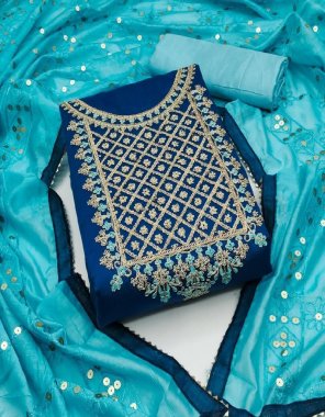navy blue top - modal chanderi silk with codding work on neck ( 1.9m) | inner & bottom - santoon ( 3.60 m) | dupatta - dyeable chanderi with sequance work ( 2.20 m)  fabric embroidery work ethnic 