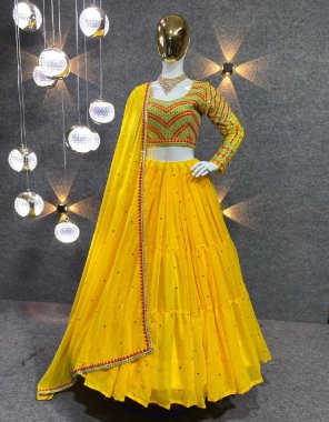 yellow lehenga - faux georgette with sequance work | inner - micro silk | length - 42 inches | width upto 42 to 44 | flair - bottoms upto 6.20 m | blouse - faux georgette sequance work | type - unstitched | dupatta - faux georgette with fancy less work ( 2.40 m)  fabric embroidery work casual 