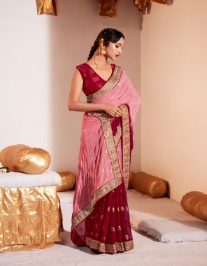 pink heavy weightless with border fabric printed work festive 