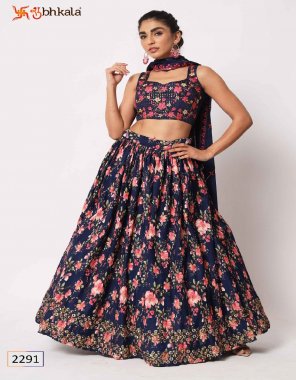 navy blue lehenga - art silk | lehenga length - 42 inch | choli - art silk / georgette | type - unstitched ( 0.80 m ) | dupatta - art silk / georgette / net ( 2.30 m)| size - upto 42 bust and waist  fabric thread with sequance embroidery work party wear 