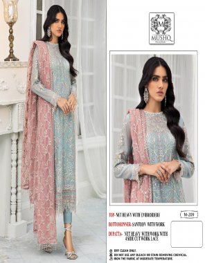 sky blue top - heavy fox georgette embroidered with diamond | dupatta - butterfly nat  with heavy embroidery work | inner - santoon |bottom - santoon  fabric embroidery work casual 
