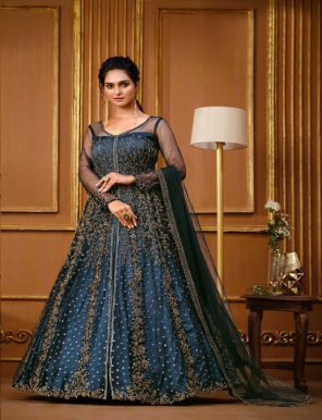 blue top - heavy vaishnavi net with heavy sequance embroidery work stone work with back side work | sleeves - vaishnavi net with embroidery stone work | inner - dull satin | bottom - dull santoon with sequance embroidery work | dupatta - net | length - max upto 54 + | size - max upto 44 + | flair - 3 m fabric embroidery work festive 