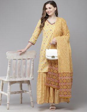 yellow cotton fabric printed work party wear 