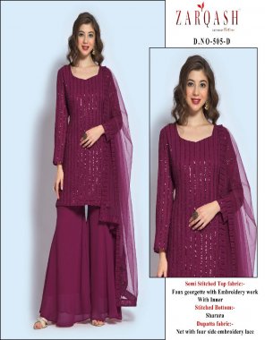 wine top - faux georgette with embroidery work with inner ( semi stitched ) | bottom - sharara ( stitched ) | dupatta - net with four side embroidery lace fabric embroidery work casual 