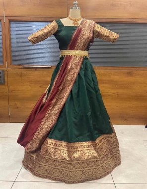 dark green lehenga - lichi silk ( 3m ) semi stitched | blouse - lichi silk  ( 0.8 m) unstitched | dupatta - lichi silk ( 2.50 m)  fabric woven work festive 