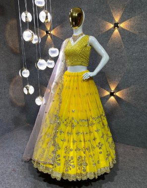 yellow lehenga - faux georgette sequance work ( canvas patta ) | inner - micro silk | flair - bottoms upto 3.20| type - semi stitched | blouse - faux georgette with sequance work | type - unstitched | dupatta - heavy butterfly net with fancy less work ( 2.40 m)  fabric embroidery work ethnic 