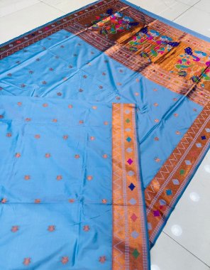 sky blue soft pure silk  fabric weaving work festive 