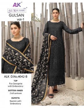 black top - geogette with heavy embroidery | bottom - santoon | inner - santoon | dupatta - nazmin with heavy embroidred  fabric embroidery work party wear 