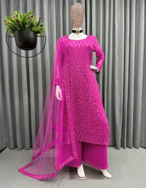 pink suit - faux  georgette with inner with front & back side work | plazzo - faux georgette with inner | size - stitched with elastic | dupatta - soft net with  four side lace work ( 2.2 m)  fabric embroidery work party wear 