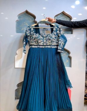 navy blue gown - heavy faux georgette | sleeves - full sleeves with embroidery work | inner - heavy micro cotton | length - 56 - 58 inch | flair - 3m | size - xl size stitched with xxl margin | dupatta - heavy fox georgette with belt work with ruffle work  fabric embroidery work festive 