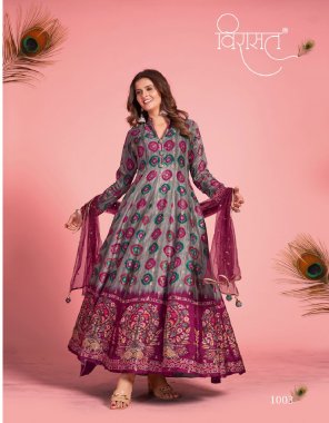 wine gown - pure dola silk with jacquard butti | work - pure kalamakari | inner - full inner in all designe with cancan net | dupatta - soft net with embroidery work | length - max upto 57 | flair - 4.5 m fabric jacquard work festive 