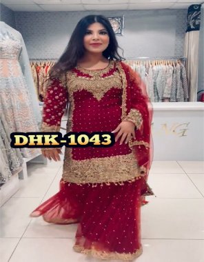 maroon top - heavy fox georgette | sleeves - heavy embroidered work | inner - micro cotton | sharara - heavy fox georgette | inner - micro cotton | dupatta - soft naylon net with embroidered work | top length - 36 - 38 inch | plazzo length - 40 - 41 inch  fabric embroidery work casual 
