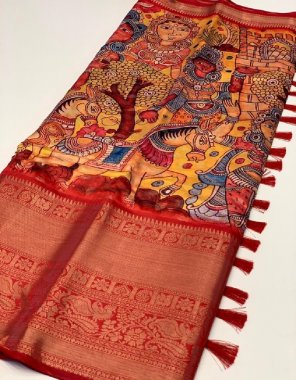 yellow soft banarasi silk  fabric kalamkari print  work ethnic 