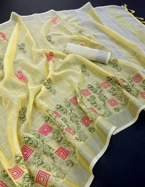 yellow handloom linen  fabric printed work ethnic 