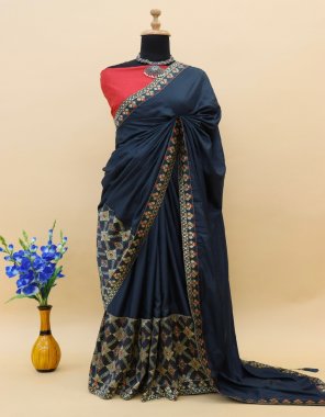 navy blue saree - soft candy silk | bottom - cotton silk ( unstitch ) fabric jacquard work ethnic 