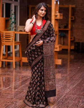 black saree - soft cotton silk | blouse - printed cotton  fabric printed work ethnic 